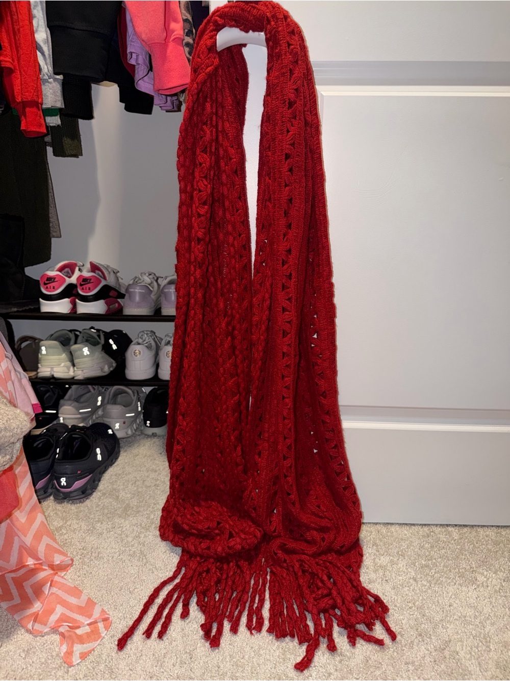 Long Chunky Knit Red Fringe Scarf